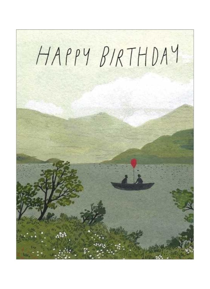 Birthday card with a scenic illustration of two people in a boat on a lake with mountains in the background.
