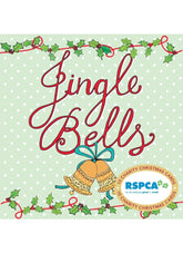 Front cover of a Christmas card set titled 'Jingle Bells' with red script lettering, green holly garlands, two gold bells, and a ribbon badge that reads 'RSPCA 10 Charity Christmas Cards' on a pale green polka-dot background.
