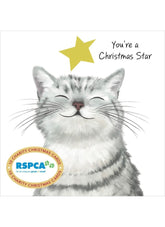 A Christmas-themed charity card featuring a white and gray tabby cat with closed eyes under a yellow star, with the text 'You're a Christmas Star' and an RSPCA logo badge at the bottom left.
