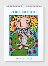 2027 calendar by Rebecca Cool with a colorful illustration of a woman holding a cat on a white background.