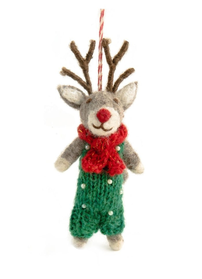 Reindeer felt decoration in red and green outfit