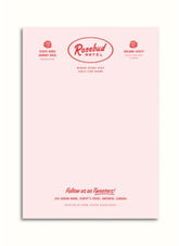 Rosebud Hotel promotional flyer with branding and contact information on a pink background