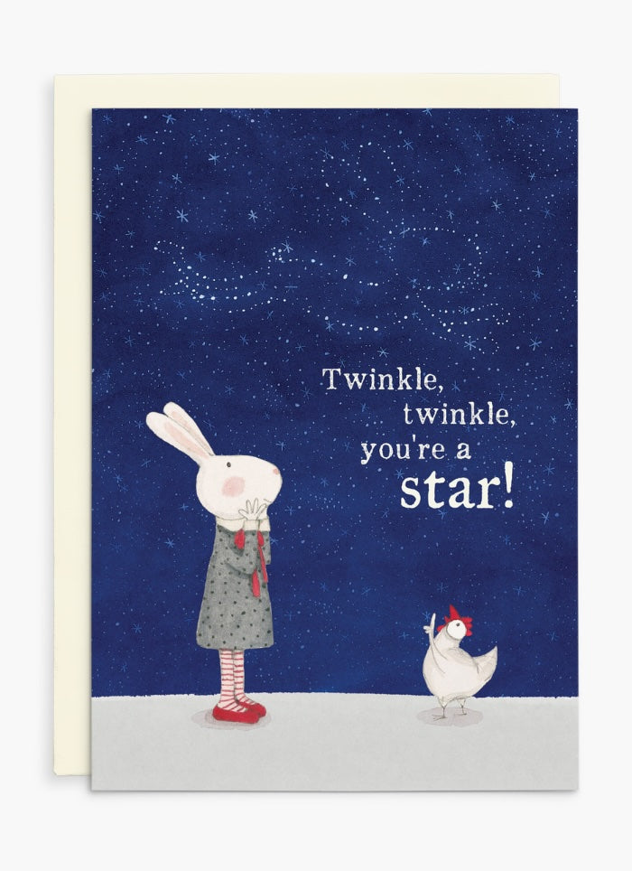 A dark blue card with a white bunny and chicken on the front and the words Twinkle, twinkle, you're a star!