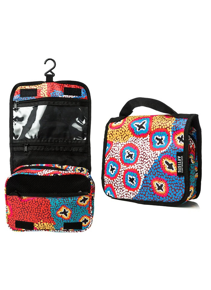 A colourful toiletry bag on hook