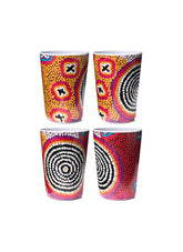 Four colorful cups with abstract patterns on a white background