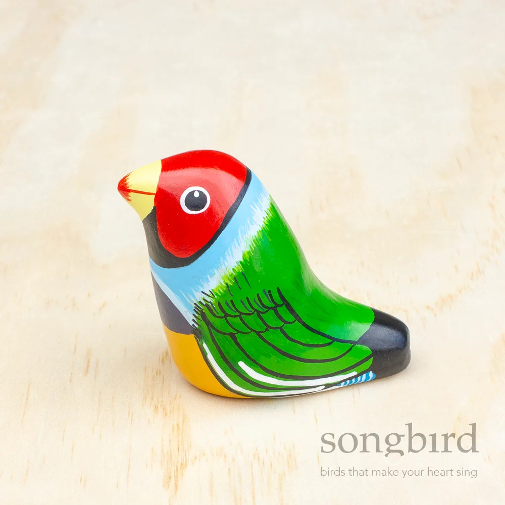 Songbird Gouldian Finch Paperweight - red, green, blue and black bird.