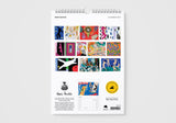 Calendar with colorful art illustrations on a white background