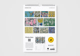 Calendar with floral and nature-themed designs on a white background