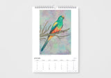 Calendar with a colorful parrot illustration on a light gray background
