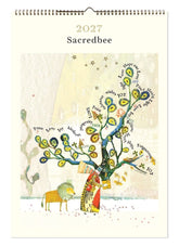 2027 Sacredbee calendar with a tree and people illustration on a white background
