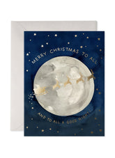 Christmas card with moon and reindeer design on a blue background