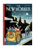 A New Yorker cover Christmas card with Santa in a sleigh pulled by a guy on a bike with a city background.