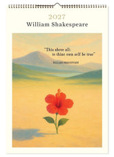 Calendar cover with a red flower and mountain landscape, featuring a Shakespeare quote.