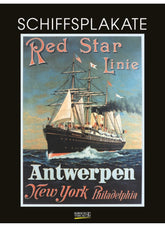 Vintage poster of a ship with text 'Red Star Linie' and destinations on a blue background.