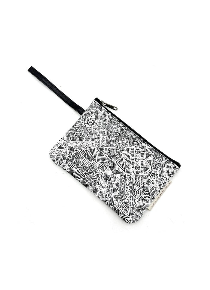 Pouch with black and white geometric pattern on a white background