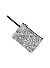 Pouch with black and white geometric pattern on a white background