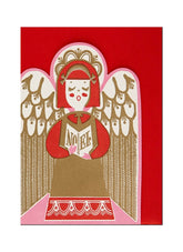 A singing Angel in red, gold and pink on a red background.