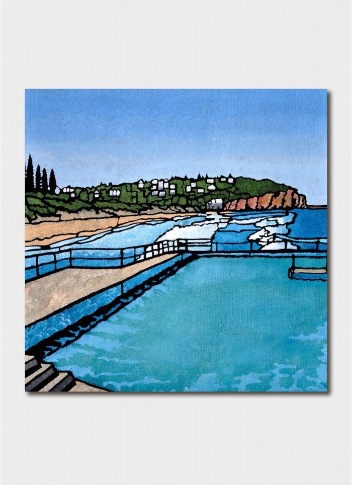 Artistic depiction of a coastal scene with a dock and cliffs.