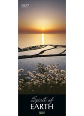 Calendar cover with sunset over water and flowers, featuring 'Spirit of Earth' text.