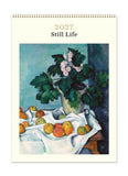 2027 Still Life calendar with a painting of fruits and flowers on a table.