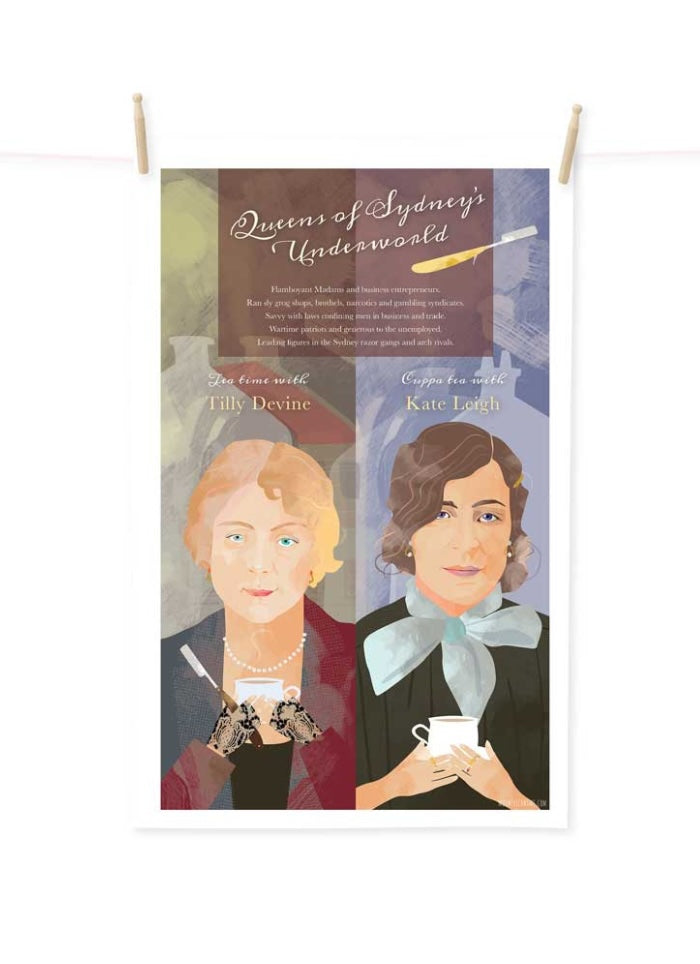 Tea towel with illustrations of two women and text on a white background