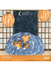 A calendar cover with art by SUe Miano features 3 ginger cats on a blue cushion