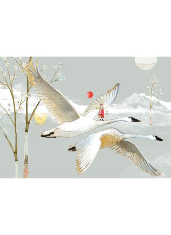 Two swans flying over a snowy landscape with a small red object and a person on a hill.
