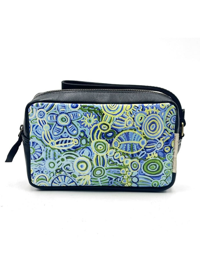 Patterned bag with black border on a white background