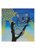 Decorative panel with a stylized koala and tree design on a blue background