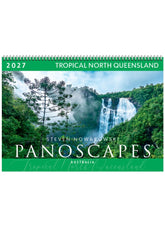 Calendar cover featuring a waterfall and tropical forest with 'Panoscapes' branding.