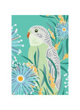 Illustration of a parakeet surrounded by flowers on a teal background