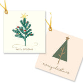 2 gift tags with green Christmas trees and gold stars.