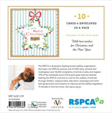 RSPCA Christmas card and envelope pack packaging showing a front card design with a striped blue-and-white background, floral border, red bow, and 'a very merry Christmas to you' message, plus text indicating 10 cards and envelopes in a pack and RSPCA branding on the back.