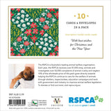RSPCA Christmas card pack insert showing a festive red, green, and white patterned card envelope, with text stating '10 CARDS & ENVELOPES IN A PACK' and a small photo of a dog holding a card.