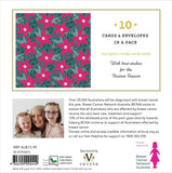 Christmas-themed card and envelope pack packaging insert featuring a pink and green floral pattern, text stating '10 CARDS & ENVELOMES IN A PACK', and breast cancer support messaging with a barcode and sponsor logos.