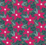 A repeating holiday pattern featuring bright pink poinsettias with white centers, white pine branches, small red berries, and gold berries on a dark teal background.