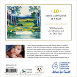 Back of a Christmas card pack with nature scene and baby photo, featuring Children's Medical Research Institute branding.