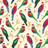 Pattern of colorful parrots wearing Santa hats on a beige background with stars and flowers.
