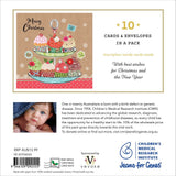Packaging for Christmas cards with a tiered cake illustration and text about Children's Medical Research Institute.