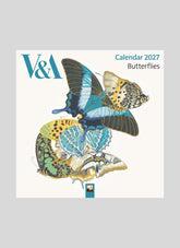 V&A 2027 calendar cover with butterfly illustration on a gray background