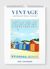 Calendar cover with 'Melbourne, Australia' design featuring beach huts and skyline.