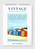 Calendar cover with 'Melbourne, Australia' design featuring beach huts and skyline.