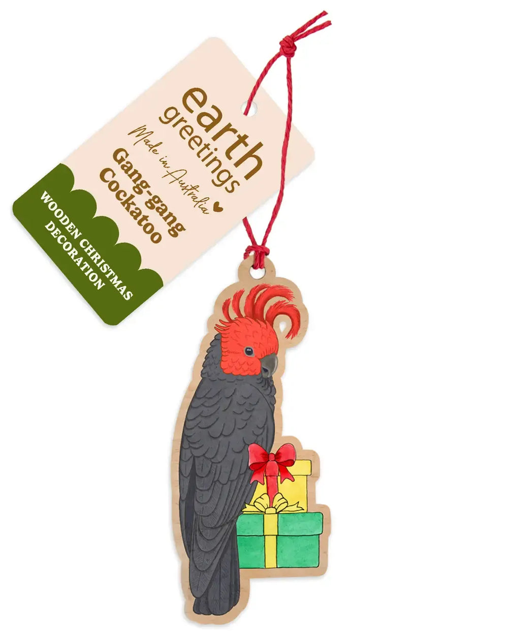 Bird ornament from Earth Greetings a grey and red bird holding gifts.