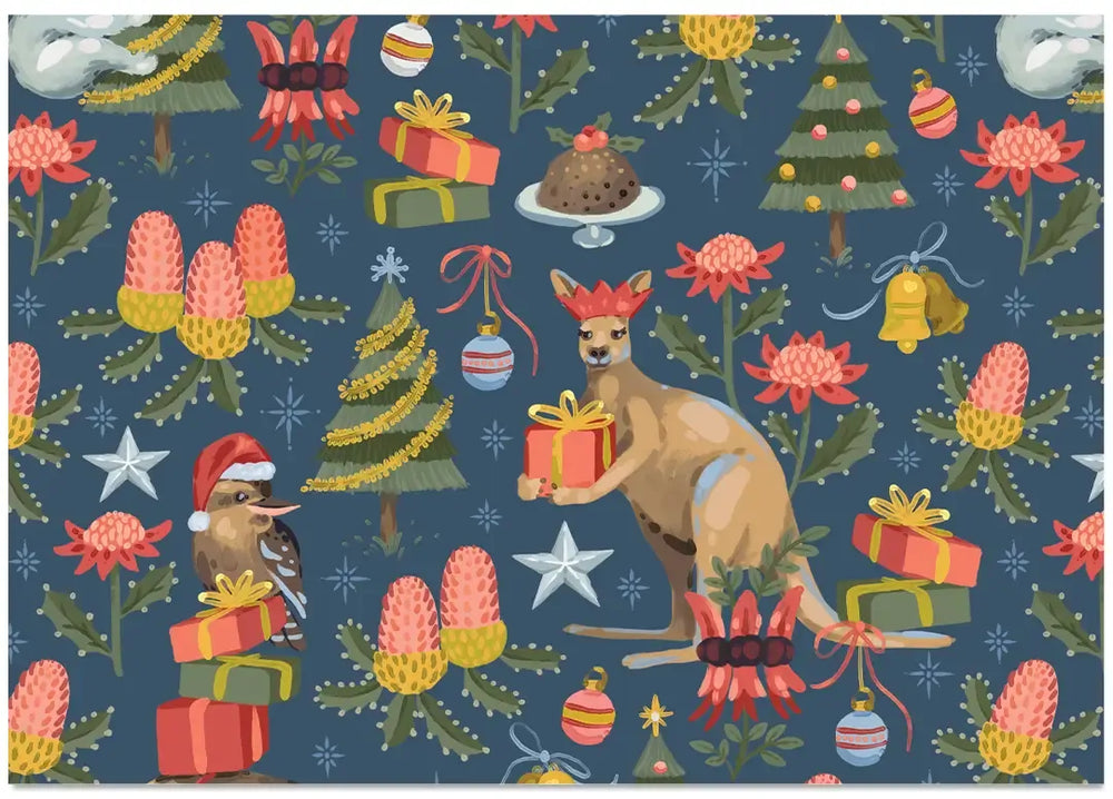 A festive Christmas-themed pattern featuring a kookaburra, kangaroo, bird, Christmas trees, ornaments, presents, and protea flowers on a dark blue background.