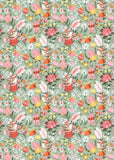 A repeating botanical and bird pattern on a muted sage green background, featuring pink and red flowers, white daisies, orange pumpkins, and small brown birds with red baskets.
