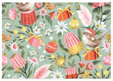 A festive seamless pattern featuring a small bird in a Santa hat, pink and red protea flowers, white daisies, pink feathers, and Christmas ornaments on a sage green background.