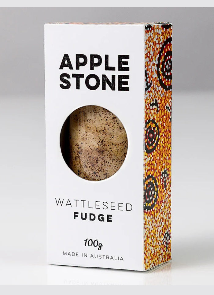 Box of Apple Stone Wattleseed Fudge with a gray background
