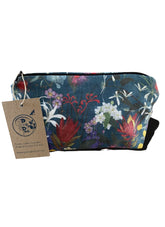 Floral-patterned pouch with a visible brand tag on a white background