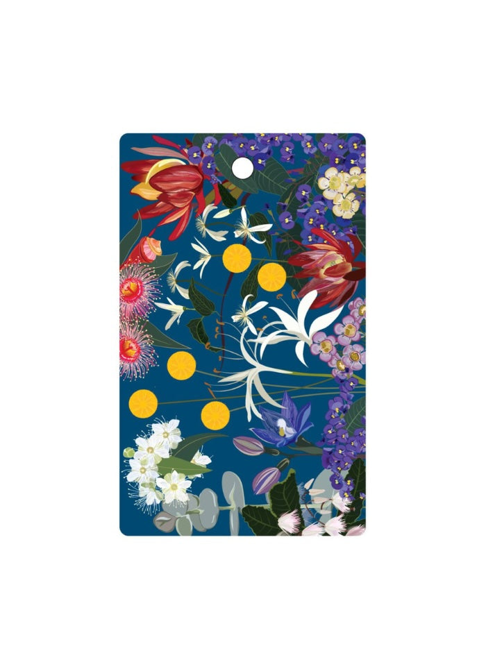 Floral design on a blue background with colorful flowers and leaves.