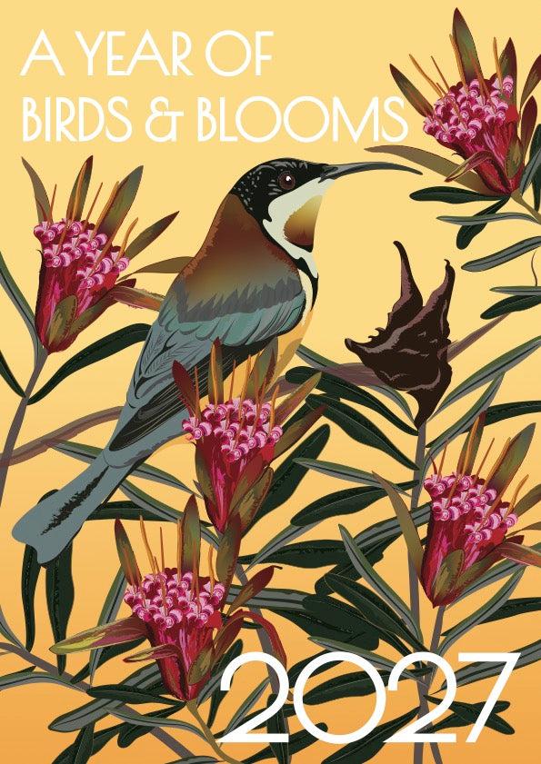 A square illustrated cover design featuring a bird perched among pink flowers on a warm yellow background, with the text 'A YEAR OF BIRDS & BLOOMS' at the top and '2027' at the bottom.